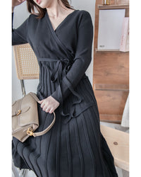 Wrap Dress 疊V領立體線條針織裙擺彈性連身裙/ DS1049