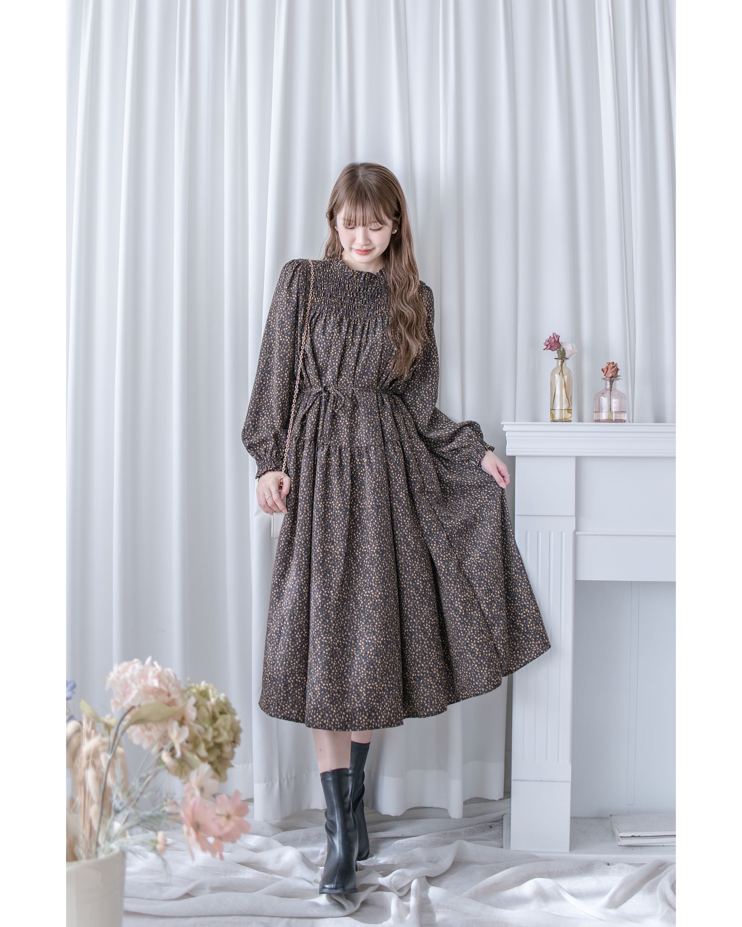 French Dress 法式碎石紋胸前皺褶裙 / DS1053