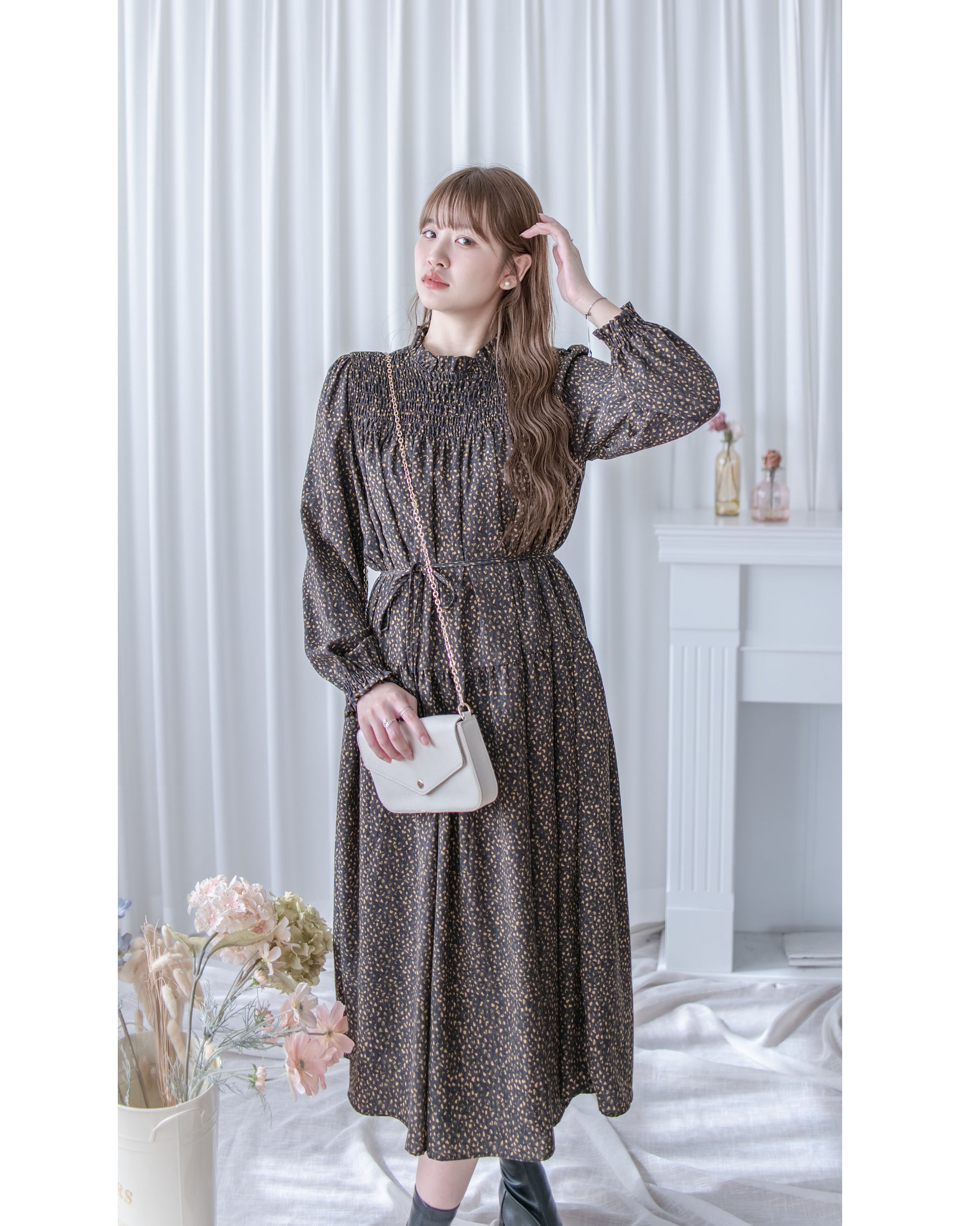 French Dress 法式碎石紋胸前皺褶裙 / DS1053