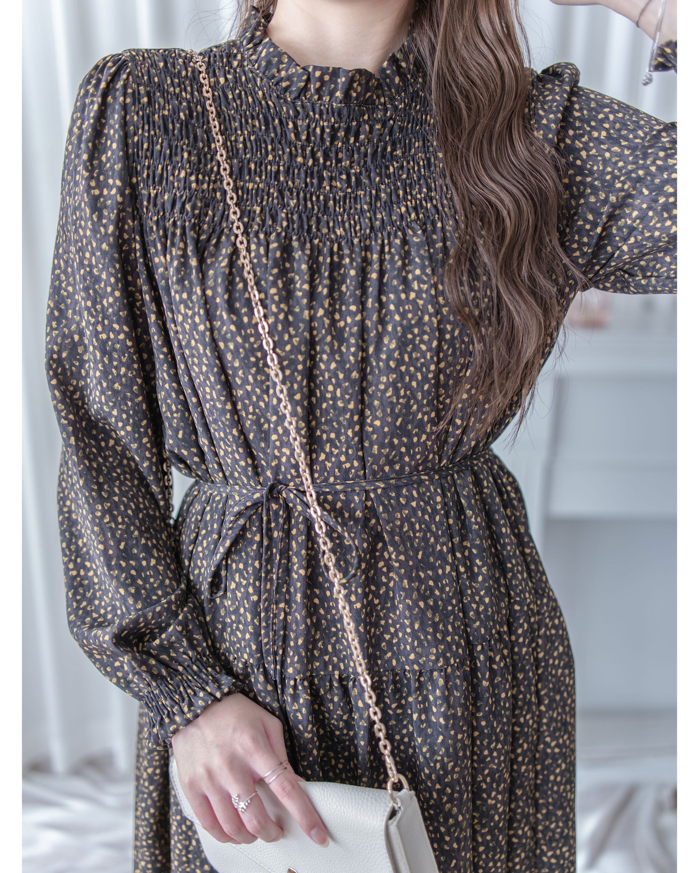 French Dress 法式碎石紋胸前皺褶裙 / DS1053