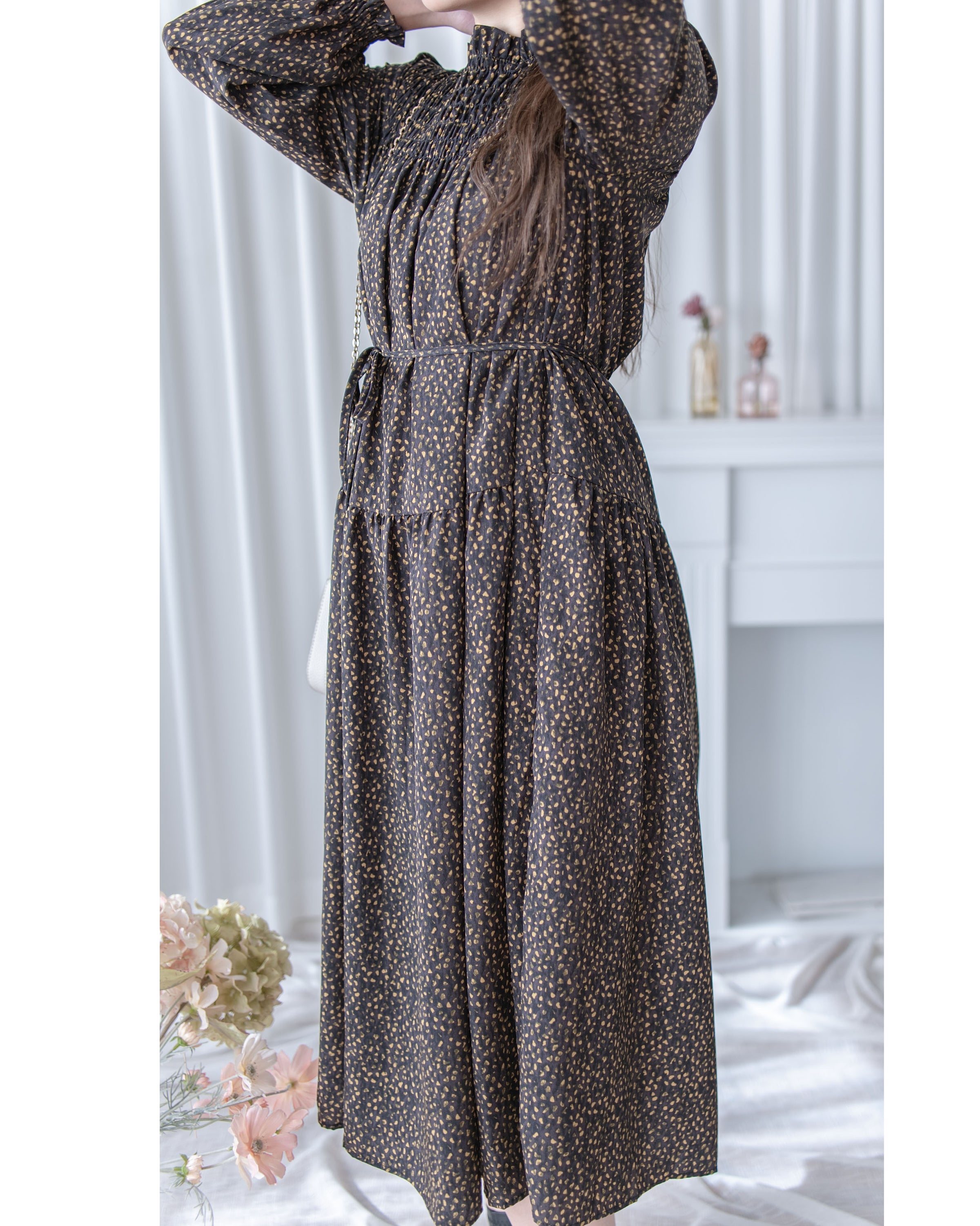 French Dress 法式碎石紋胸前皺褶裙 / DS1053