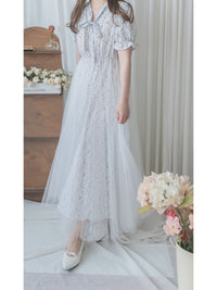 Veil Floral Dress 蝴蝶領口拼紗外層印花傘形連身裙/ DS9855
