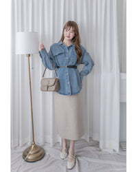 Denim Blouse 水洗牛仔一物兩用上衣（附送腰帶）/ BU9128