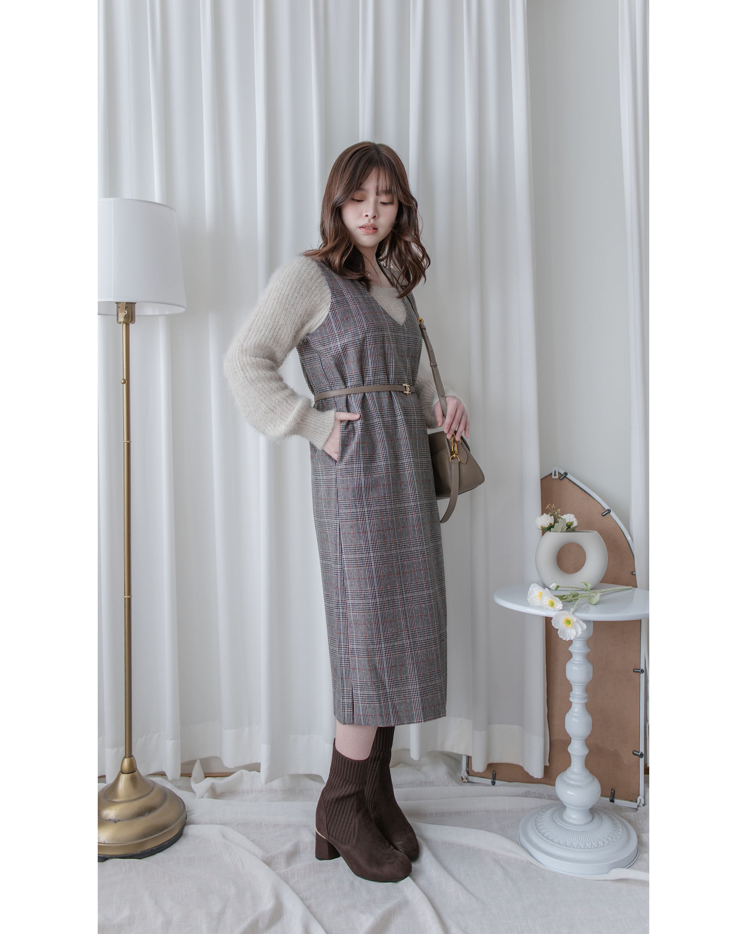 Check Vest Dress 格紋微開衩直身背心裙/ DS1051（pre-order 1月25截單)
