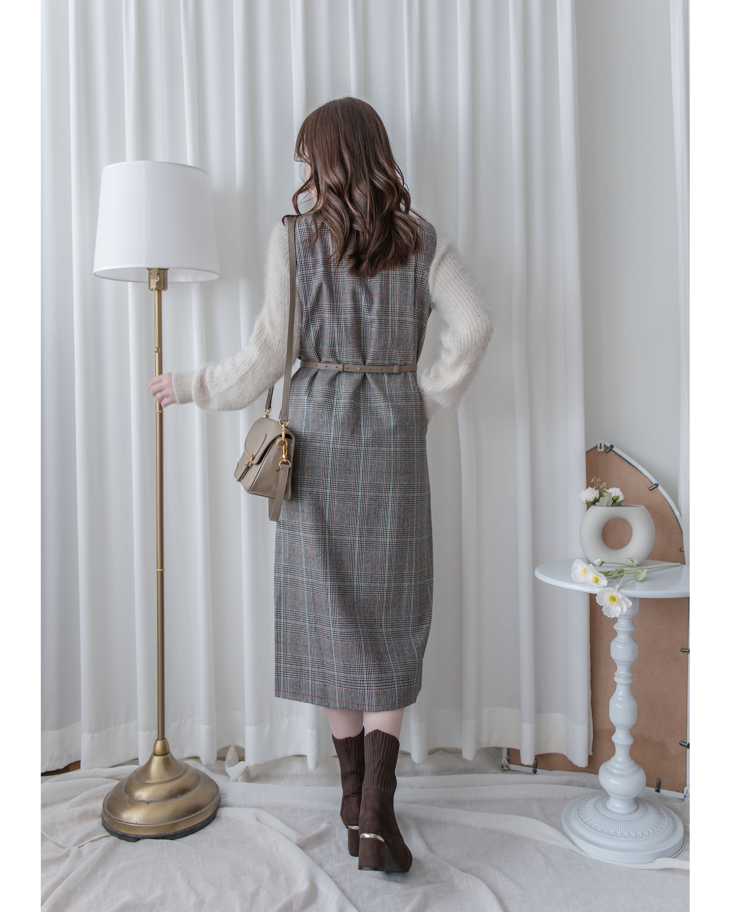 Check Vest Dress 格紋微開衩直身背心裙/ DS1051（pre-order 1月25截單)