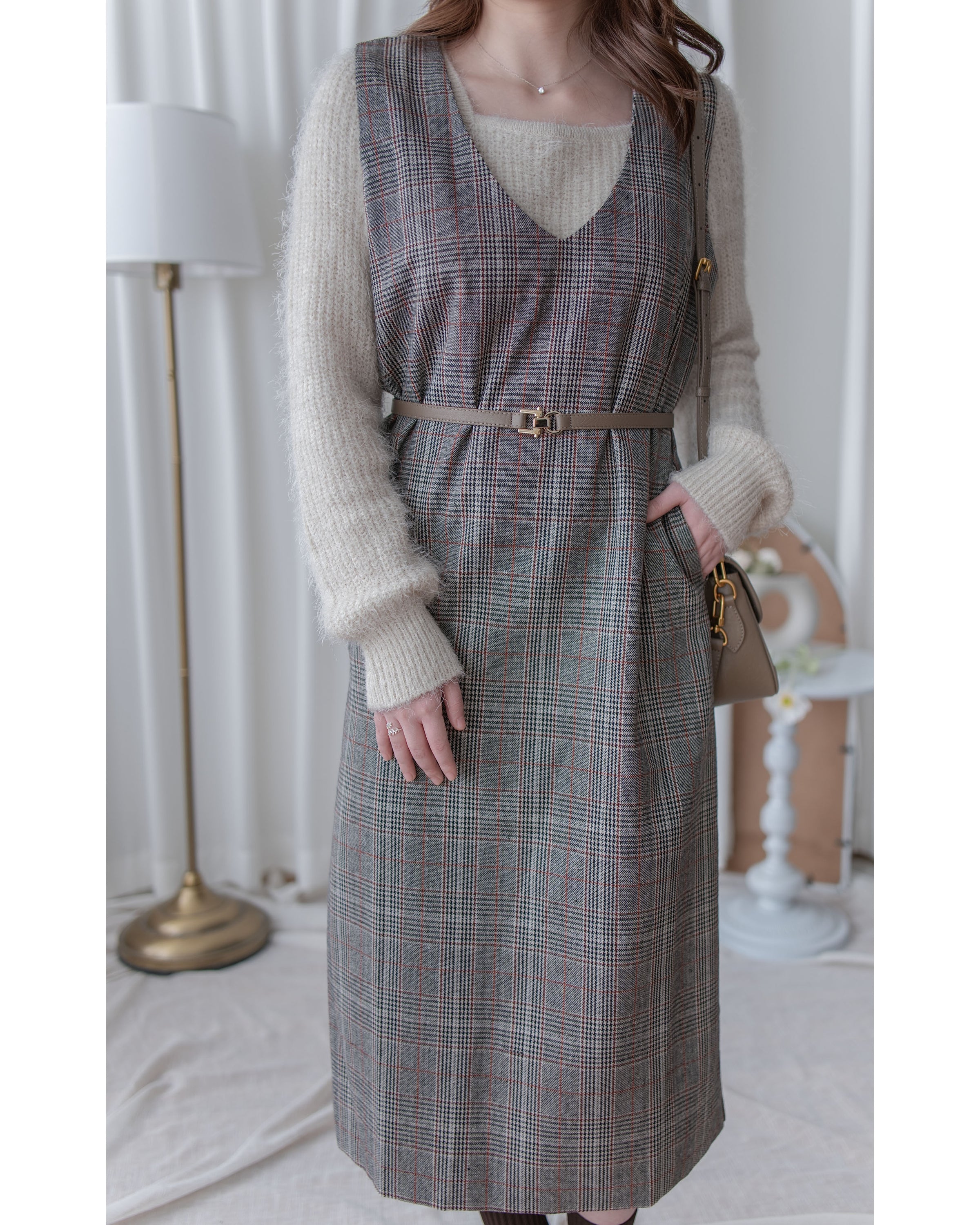Check Vest Dress 格紋微開衩直身背心裙/ DS1051（pre-order 1月25截單)