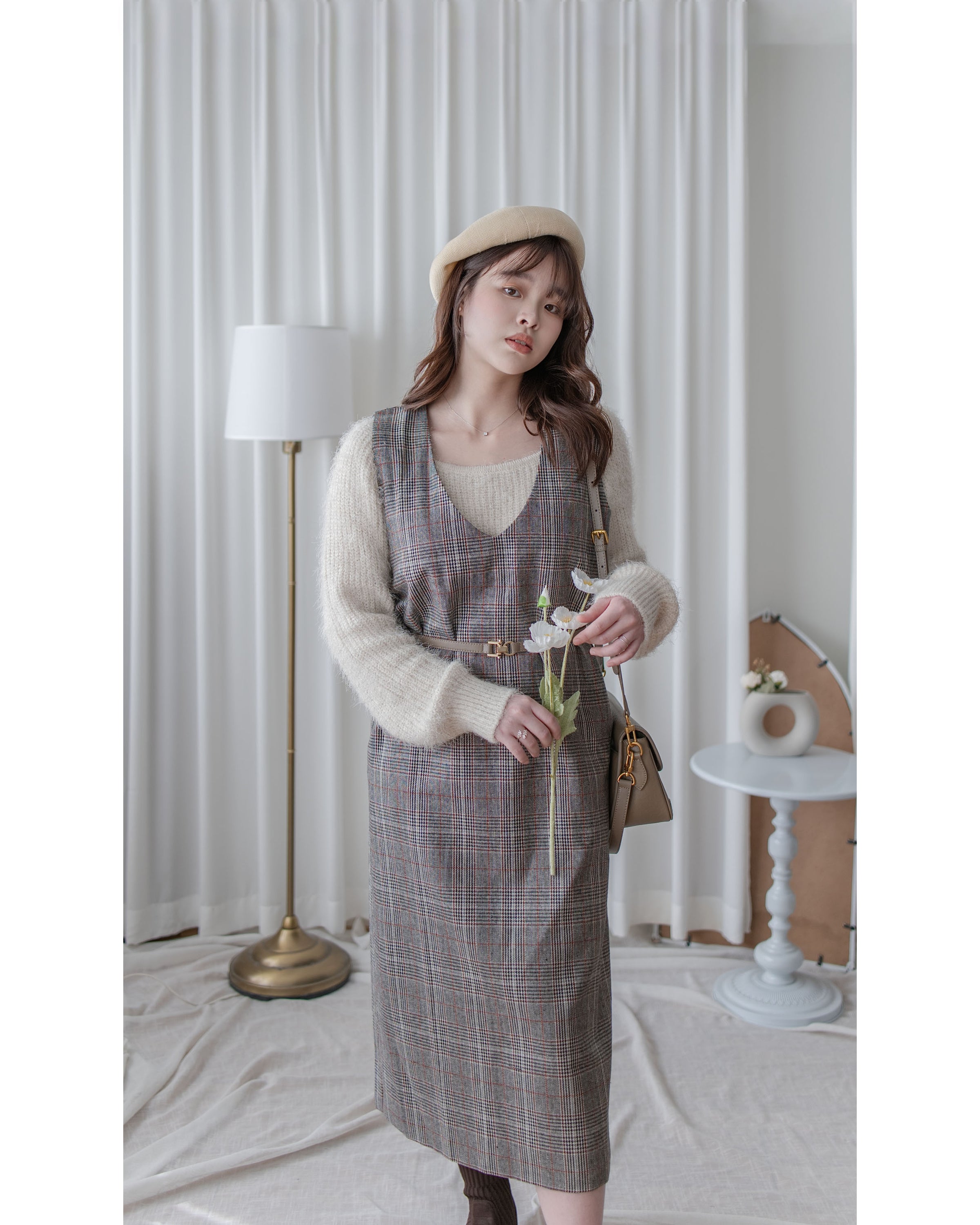 Check Vest Dress 格紋微開衩直身背心裙/ DS1051（pre-order 1月25截單)