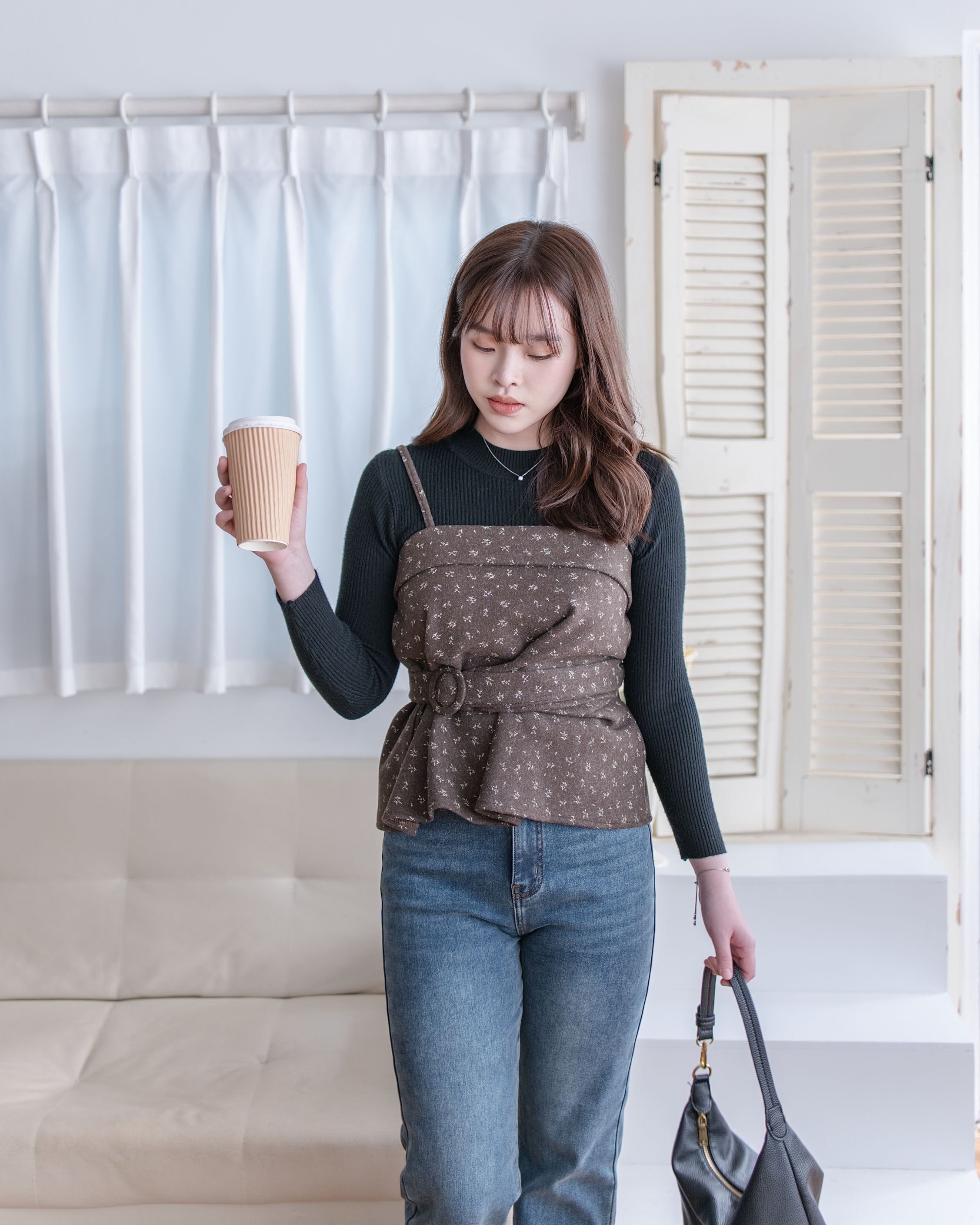 Floral Set 黑色內搭碎花吊帶背心上衣套裝/ SE8101 （pre-order 1月25截單）