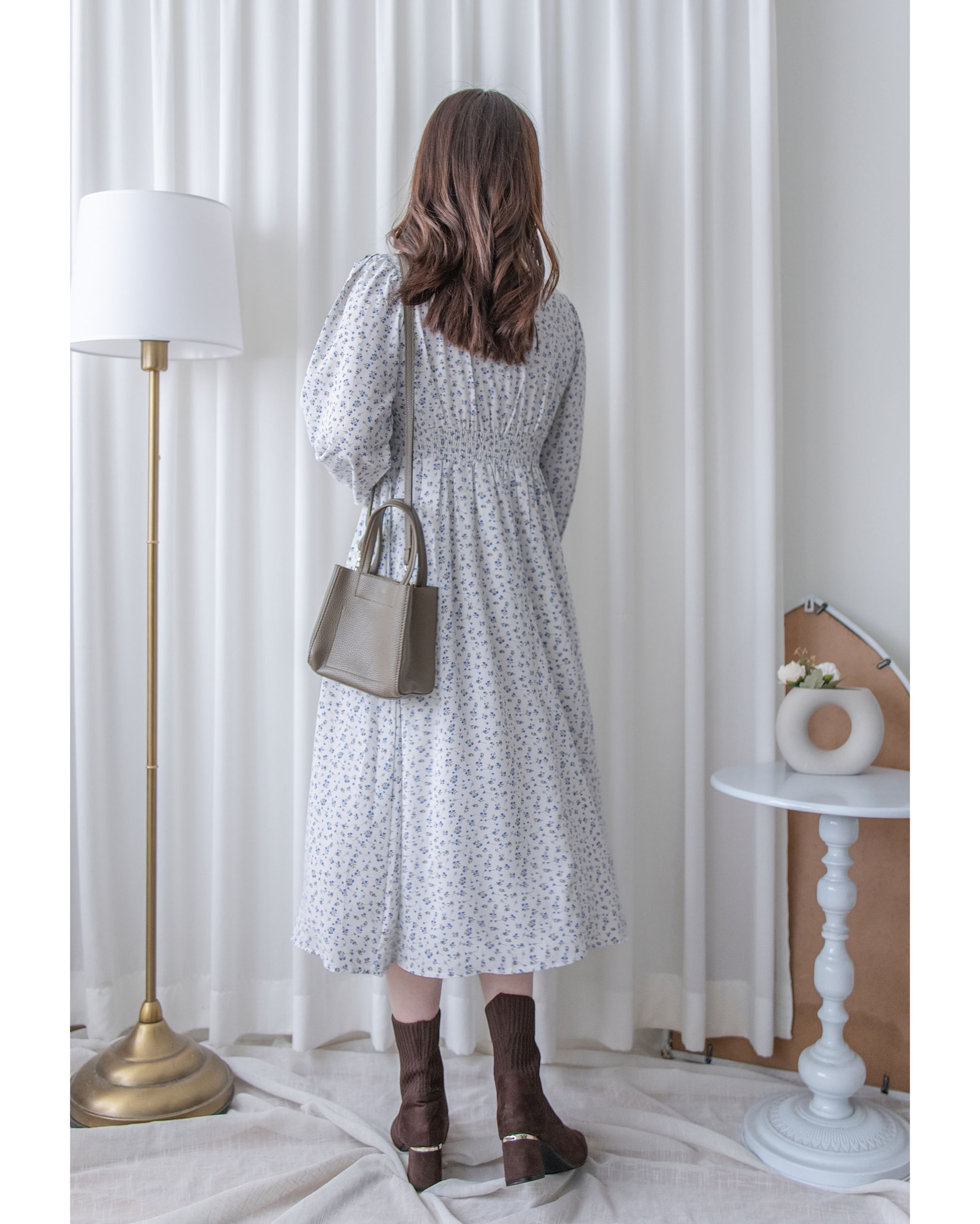French Floral Button Dress 法式V領單色印花顯瘦腰封連身裙/ DS1060 (White Soldout)