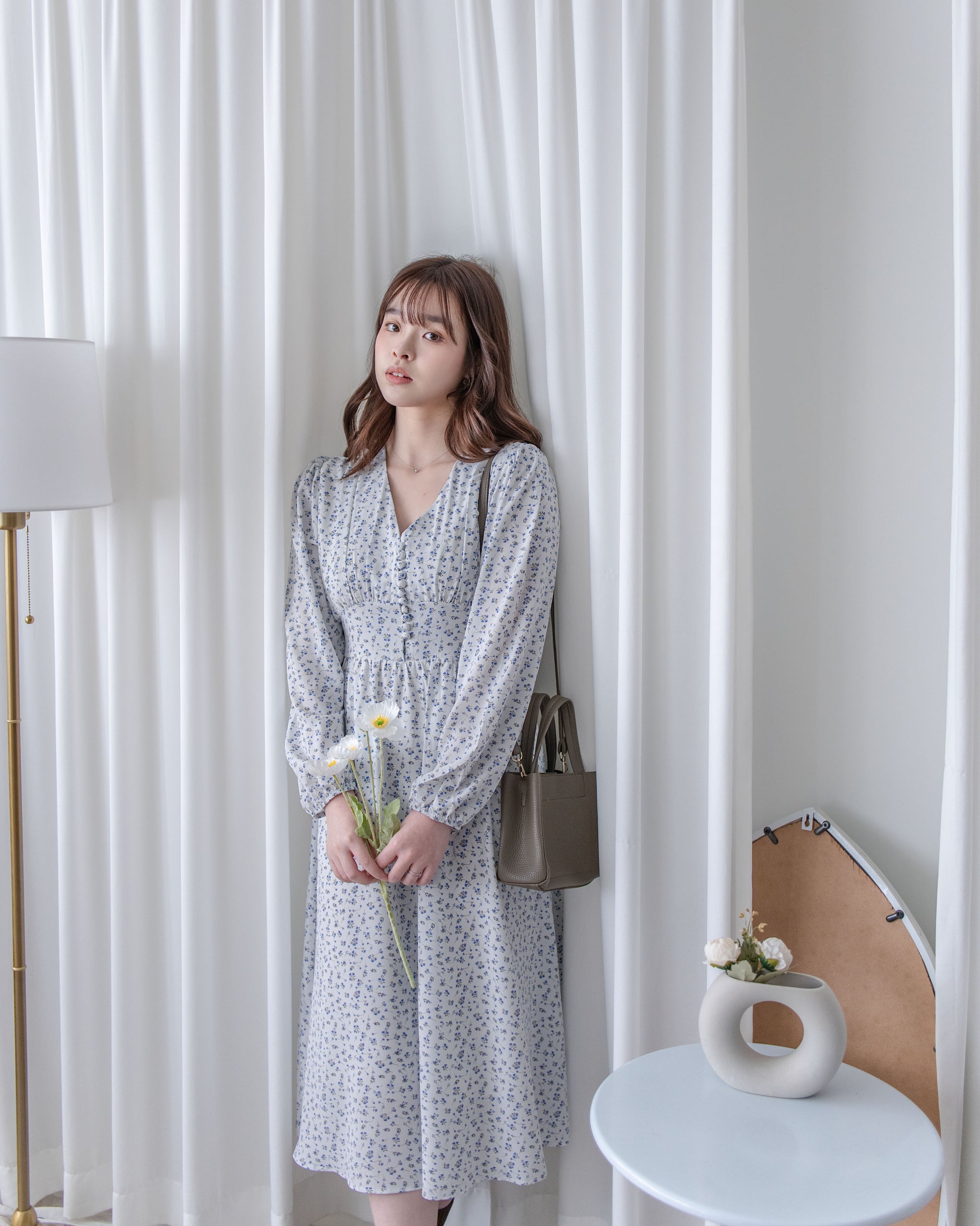 French Floral Button Dress 法式V領單色印花顯瘦腰封連身裙/ DS1060 (White Soldout)