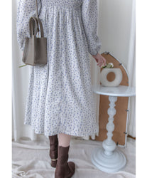 French Floral Button Dress 法式V領單色印花顯瘦腰封連身裙/ DS1060 (White Soldout)