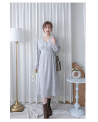 French Floral Button Dress 法式V領單色印花顯瘦腰封連身裙/ DS1060 (White Soldout)