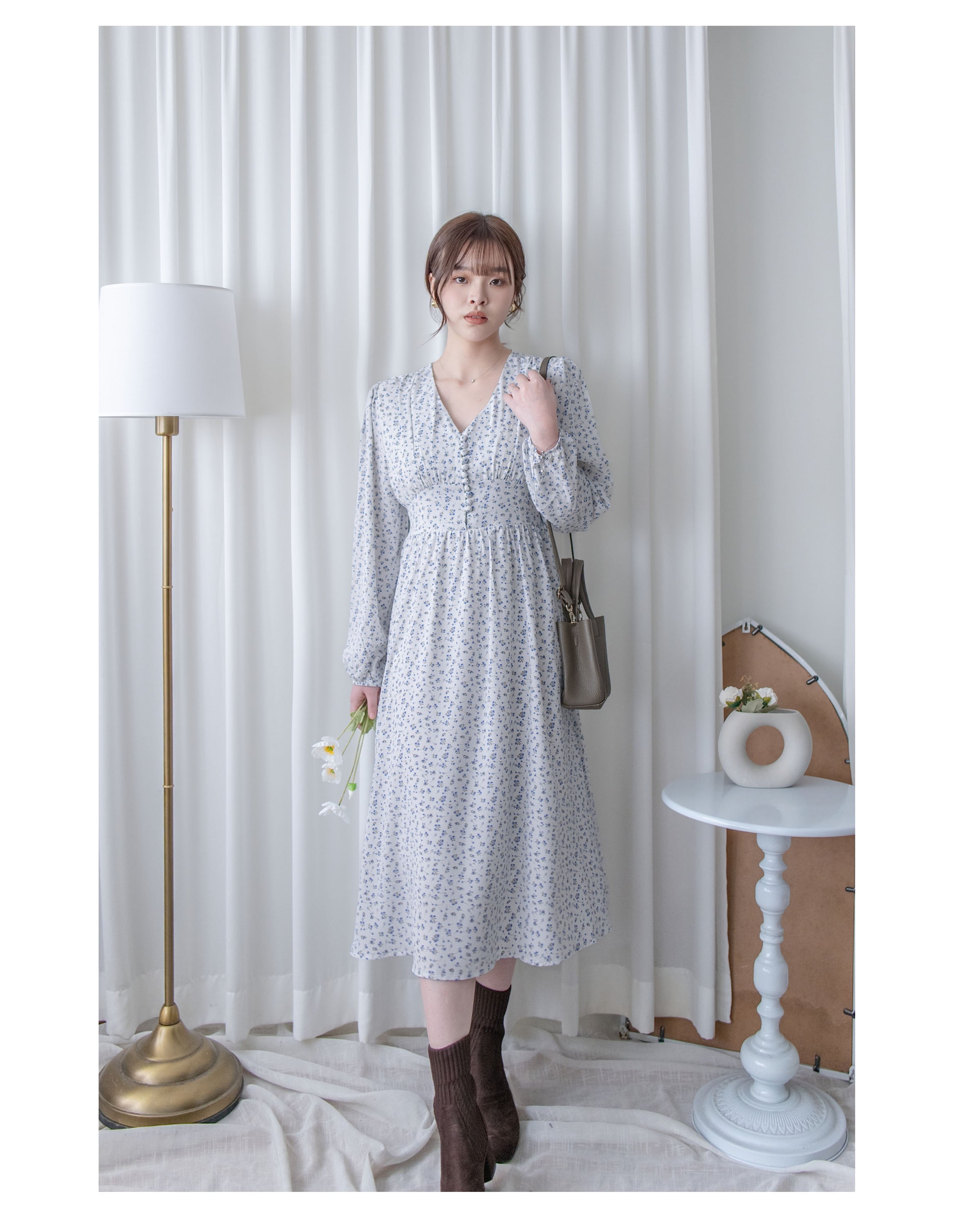 French Floral Button Dress 法式V領單色印花顯瘦腰封連身裙/ DS1060 (White Soldout)