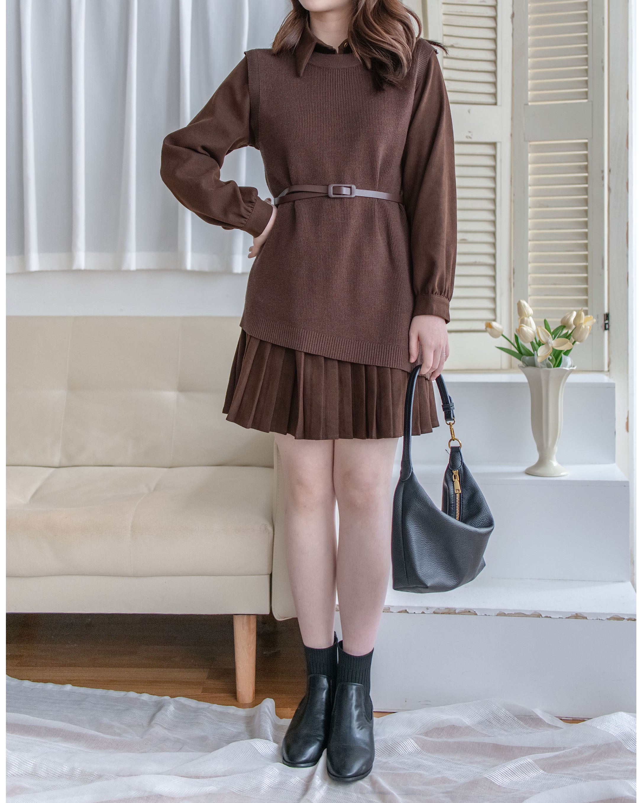 Brown Set 同色系針織背心百褶裙套裝（配送腰帶）/ DS1052