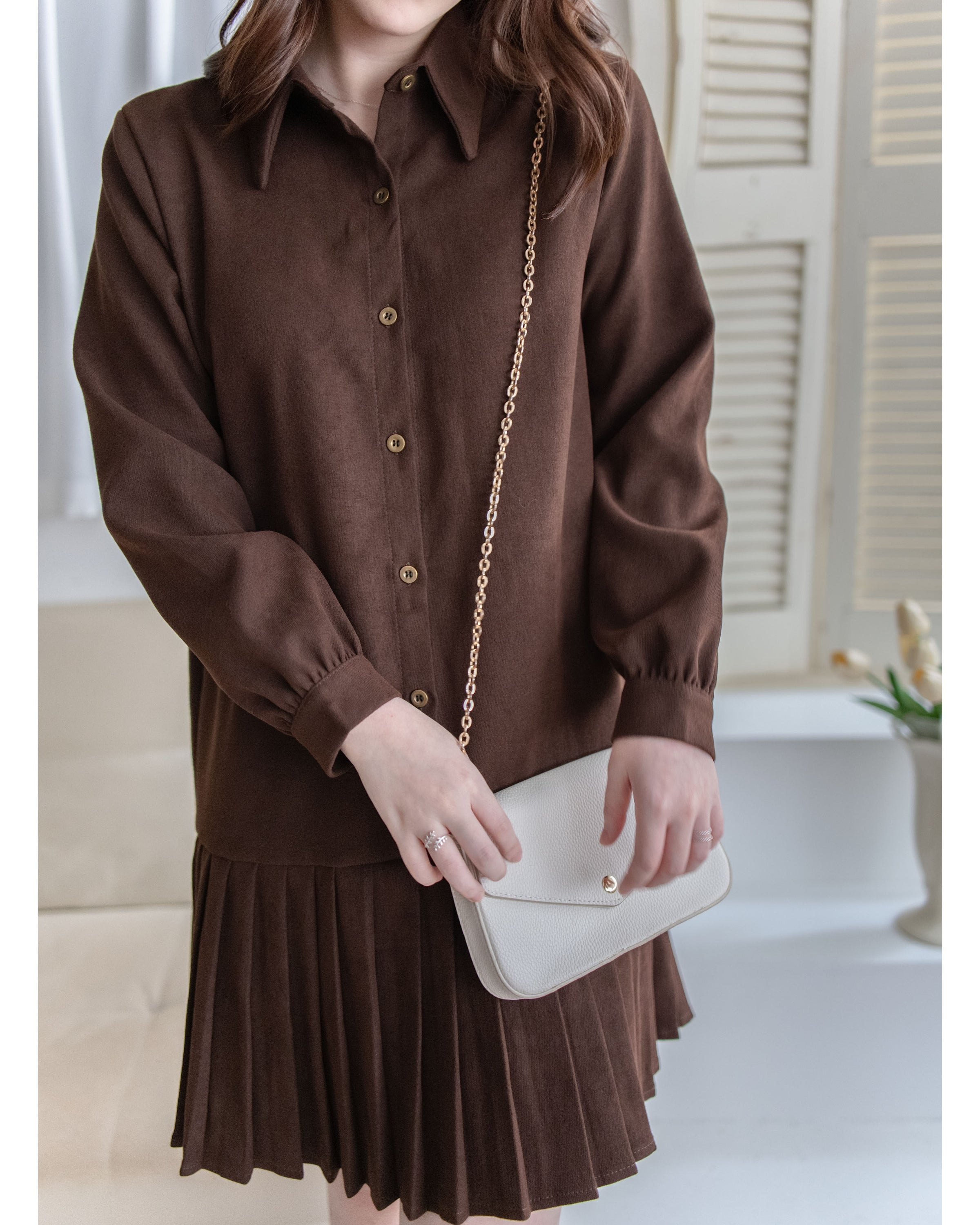 Brown Set 同色系針織背心百褶裙套裝（配送腰帶）/ DS1052