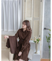 Brown Set 同色系針織背心百褶裙套裝（配送腰帶）/ DS1052