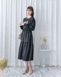 Paris Square Neck Dress 字母方領束繩修腰連身裙/ DS1057 (pre-order black)
