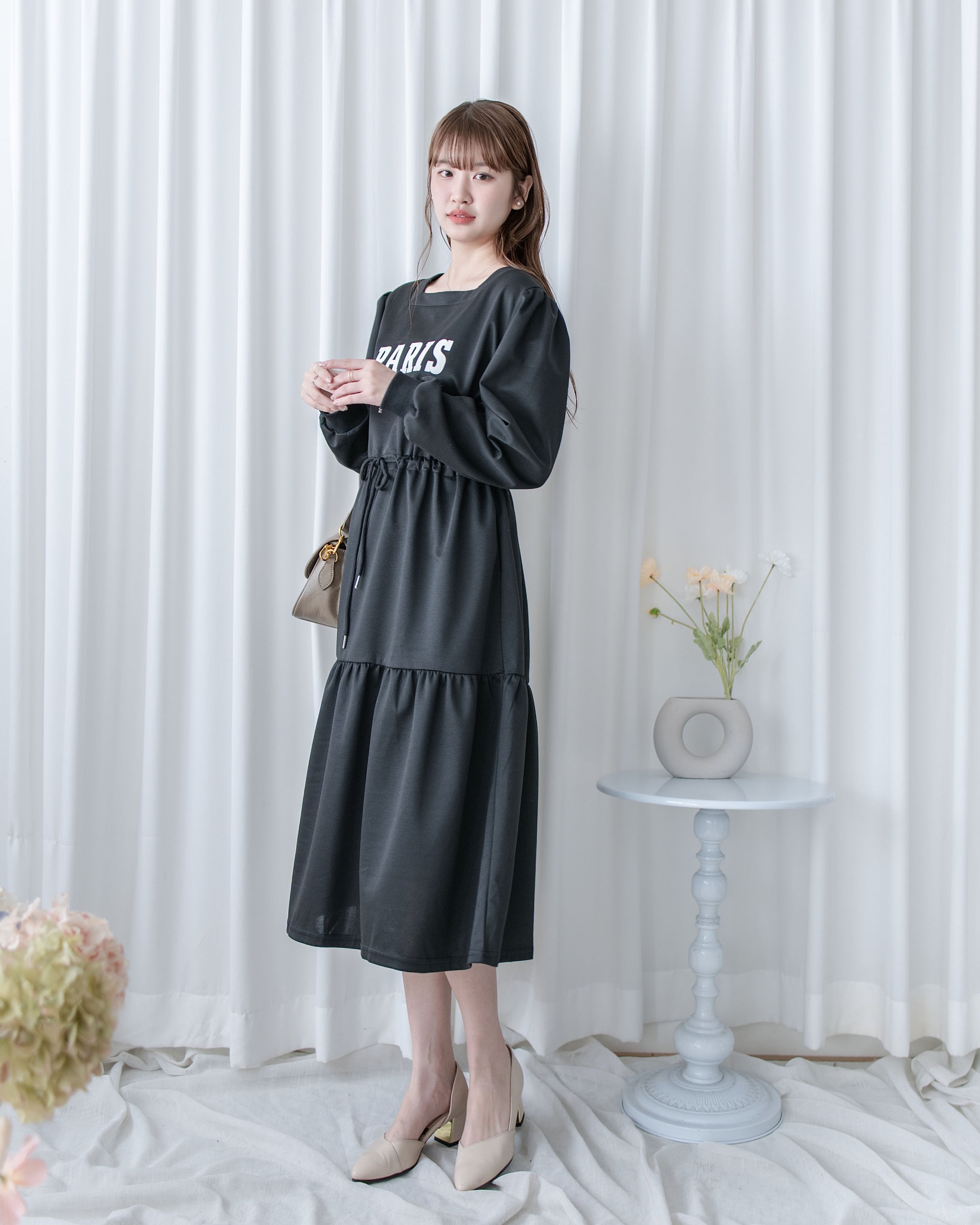 Paris Square Neck Dress 字母方領束繩修腰連身裙/ DS1057 (pre-order black)