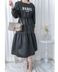 Paris Square Neck Dress 字母方領束繩修腰連身裙/ DS1057 (pre-order black)