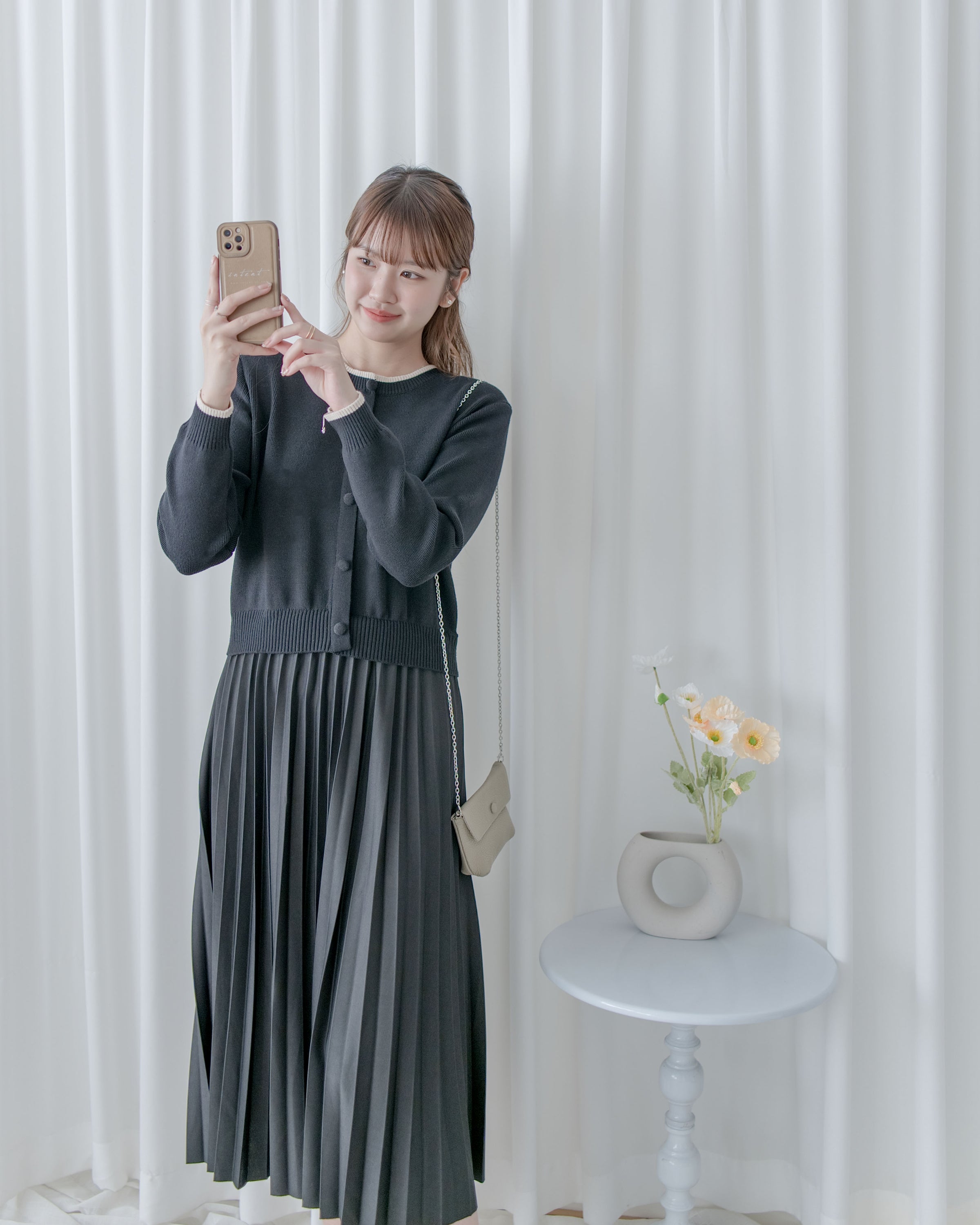 Pleated Cardigan Dress 小香風拼色針織外套假兩件百褶長裙/ DS1067 (pre-order 2月5日截單)