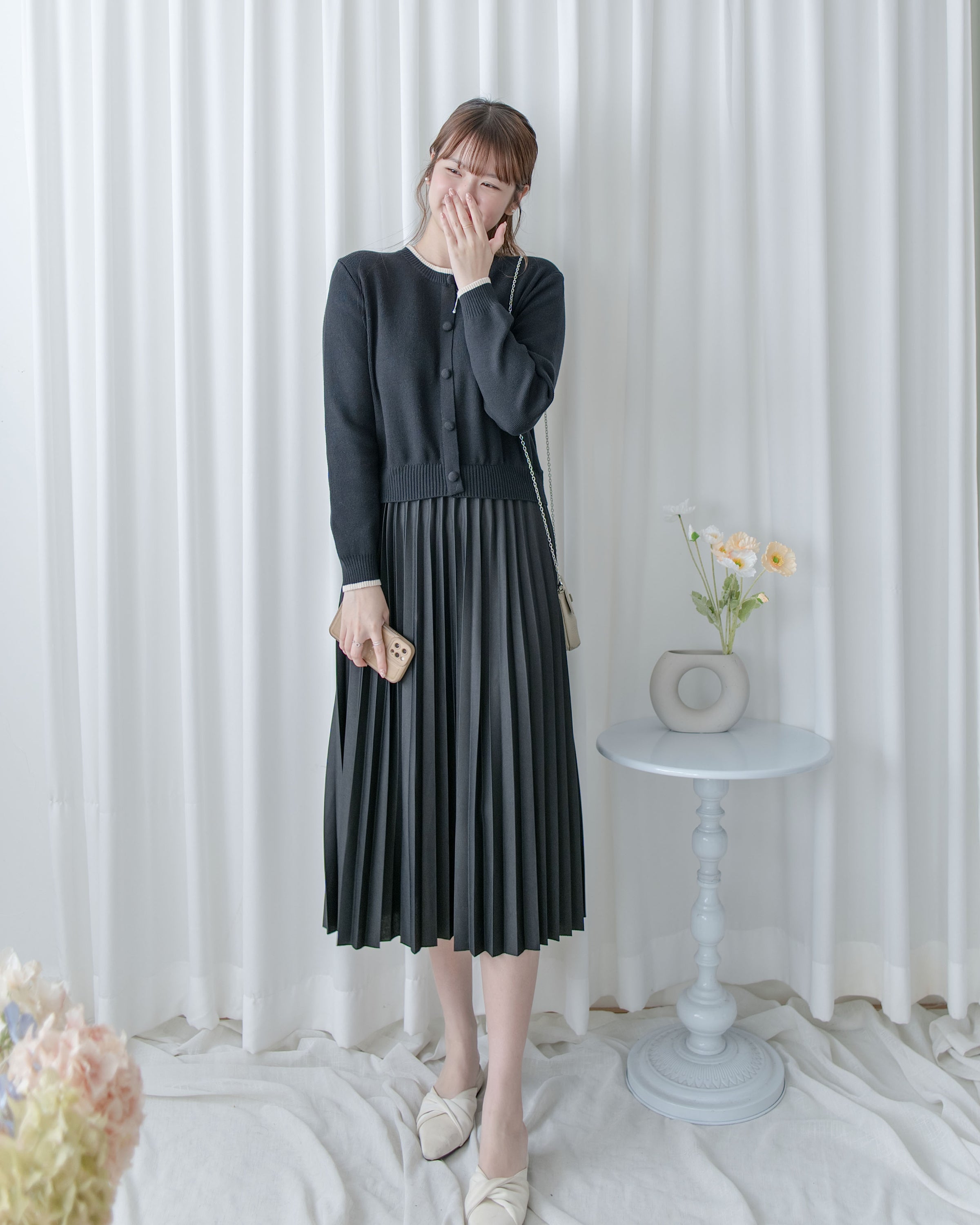 Pleated Cardigan Dress 小香風拼色針織外套假兩件百褶長裙/ DS1067 (pre-order 2月5日截單)