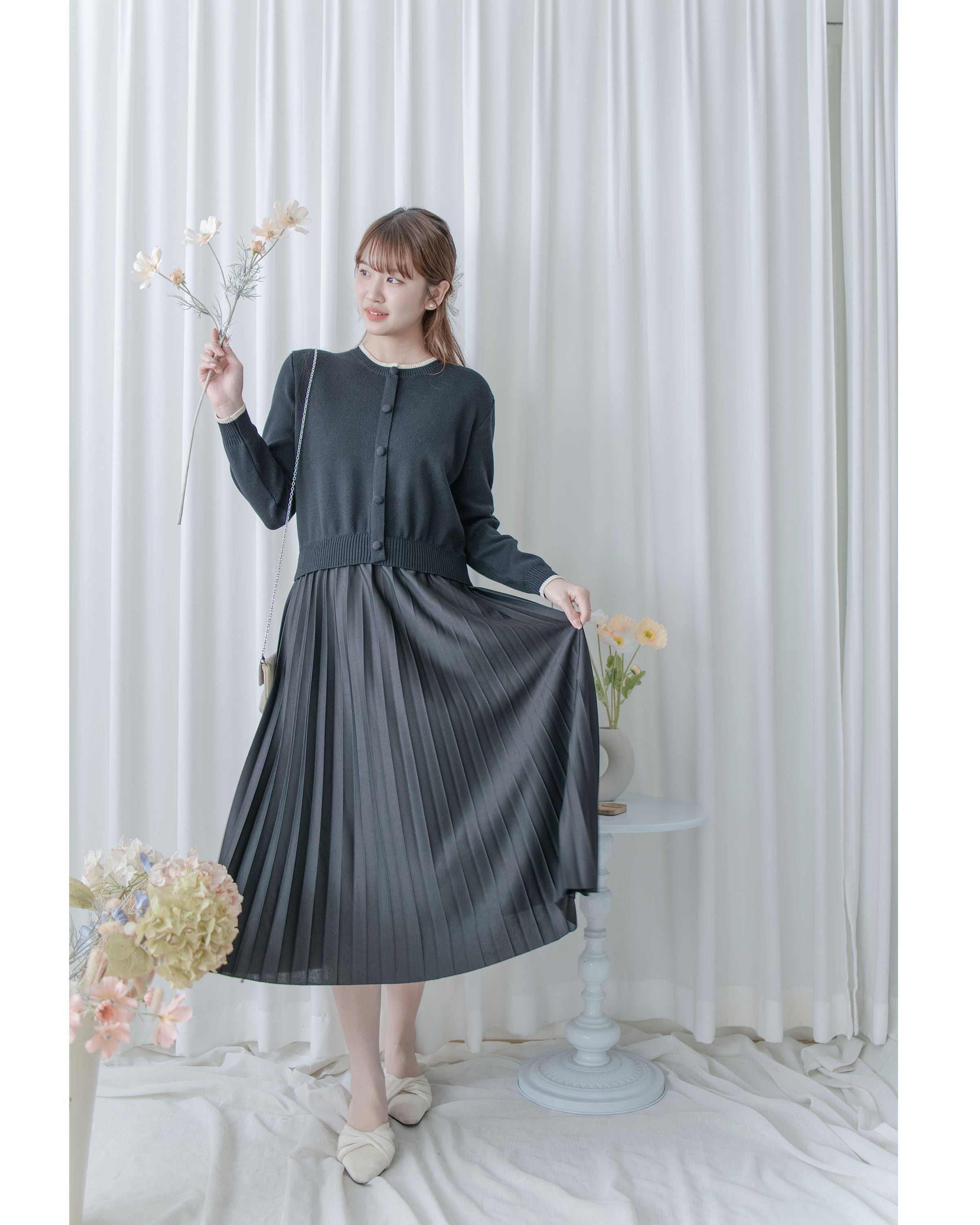 Pleated Cardigan Dress 小香風拼色針織外套假兩件百褶長裙/ DS1067 (pre-order 2月5日截單)