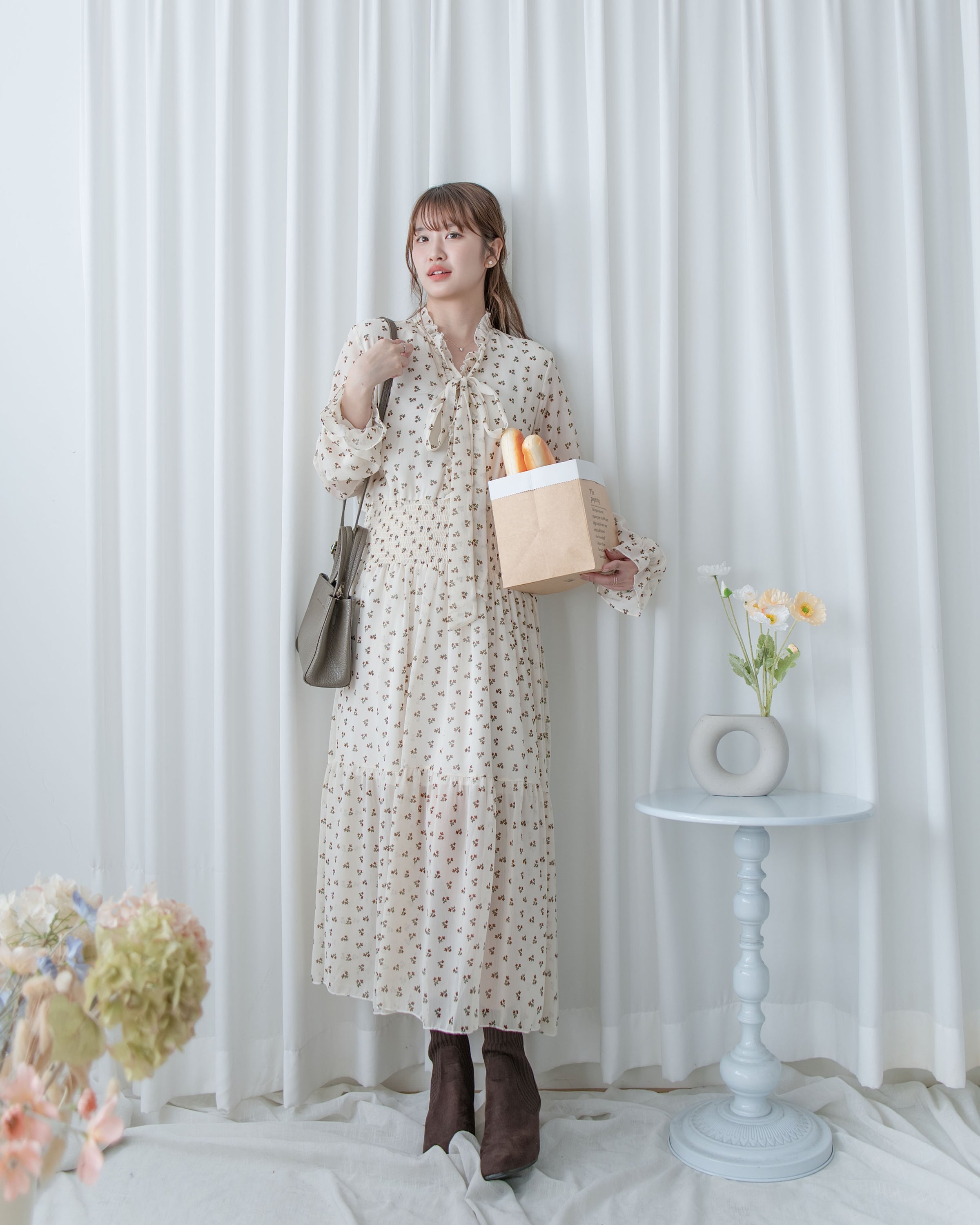 Star Floral Dress 雪紡星花木耳邊修腰連身裙/ DS1064 (Pre-order 2月5日截單)