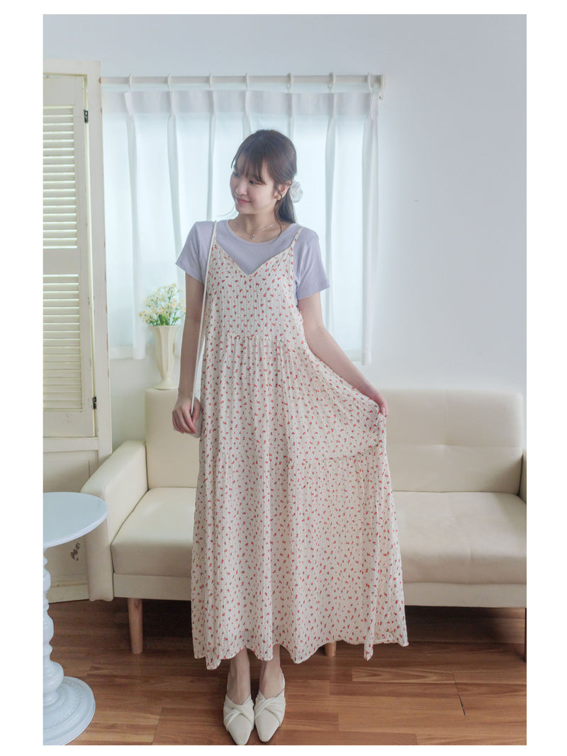 Rosy Dress 圓點小玫瑰吊帶連身裙/ DS9873