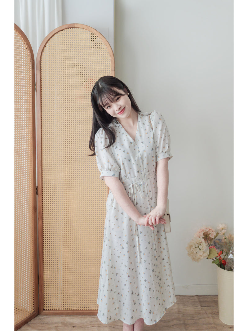 Snowdot Floral Dress V領口雪點印花修腰連身裙/ DS9872