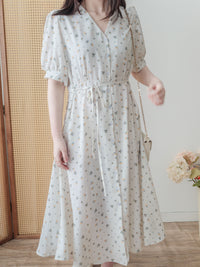 Snowdot Floral Dress V領口雪點印花修腰連身裙/ DS9872