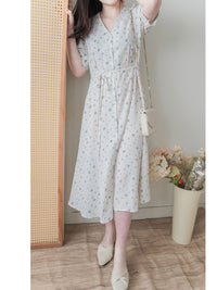 Snowdot Floral Dress V領口雪點印花修腰連身裙/ DS9872