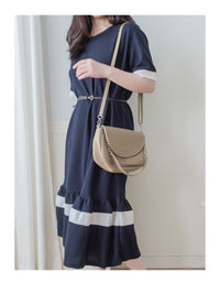 Navy Ruffle Dress 深藍彈性舒適波浪裙擺連身裙/ DS9874