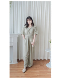 V Collar Jumpsuit V領簡約腰間車摺修腰連身褲/ DS9877