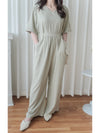 V Collar Jumpsuit V領簡約腰間車摺修腰連身褲/ DS9877