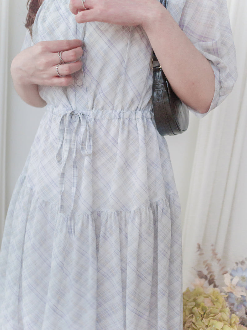 Lavender Check Dress 紫藍色格紋飄逸連身裙/ DS9875