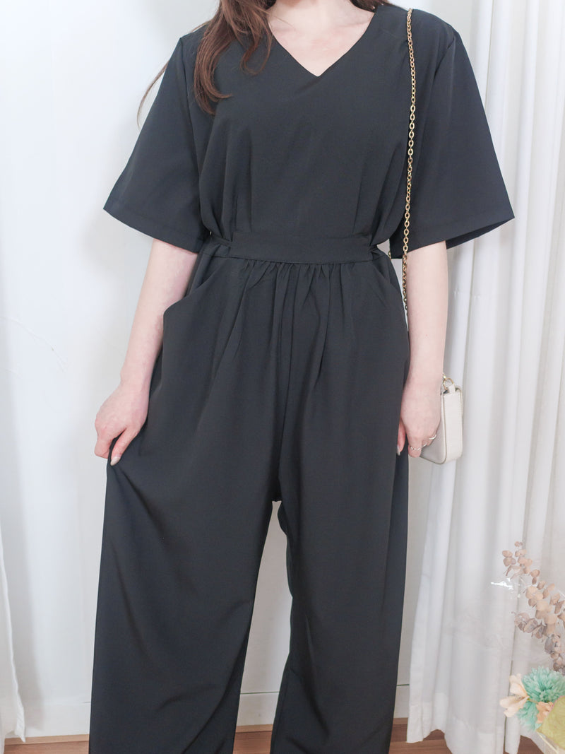 V Collar Jumpsuit V領簡約腰間車摺修腰連身褲/ DS9877