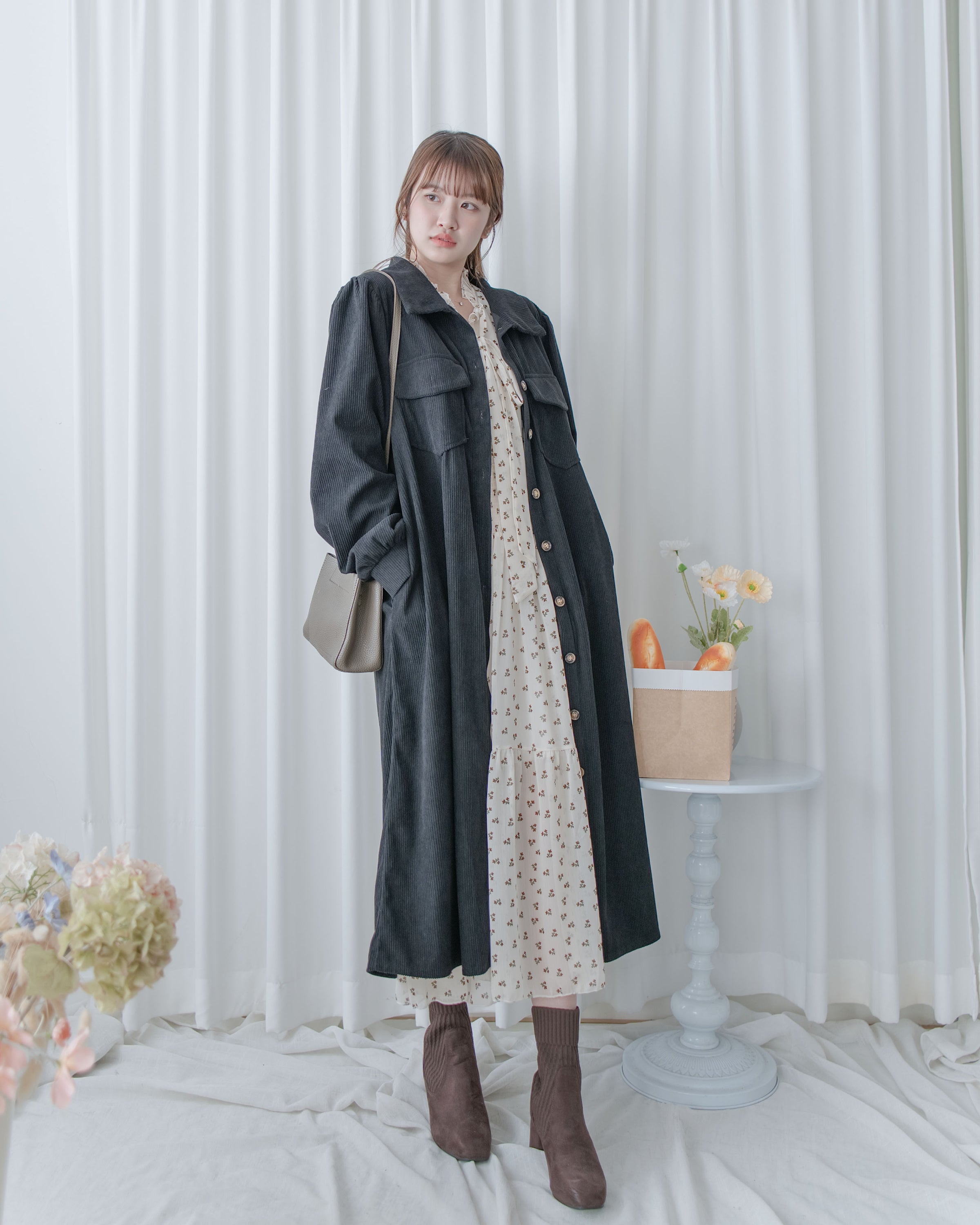 French Dress 燈芯絨暗條紋簡約口袋連身裙或外套/ DS1058 (Pre-order black 2月5日截單)