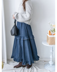 Denim Flair Skirt 荷葉邊拼接牛仔車線傘裙/ SK8928