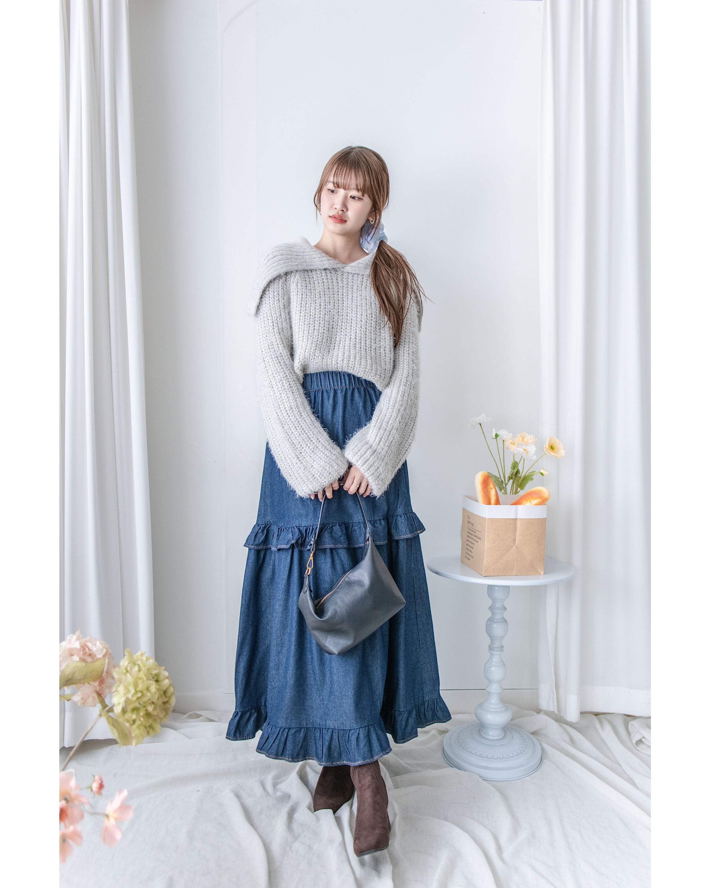 Denim Flair Skirt 荷葉邊拼接牛仔車線傘裙/ SK8928