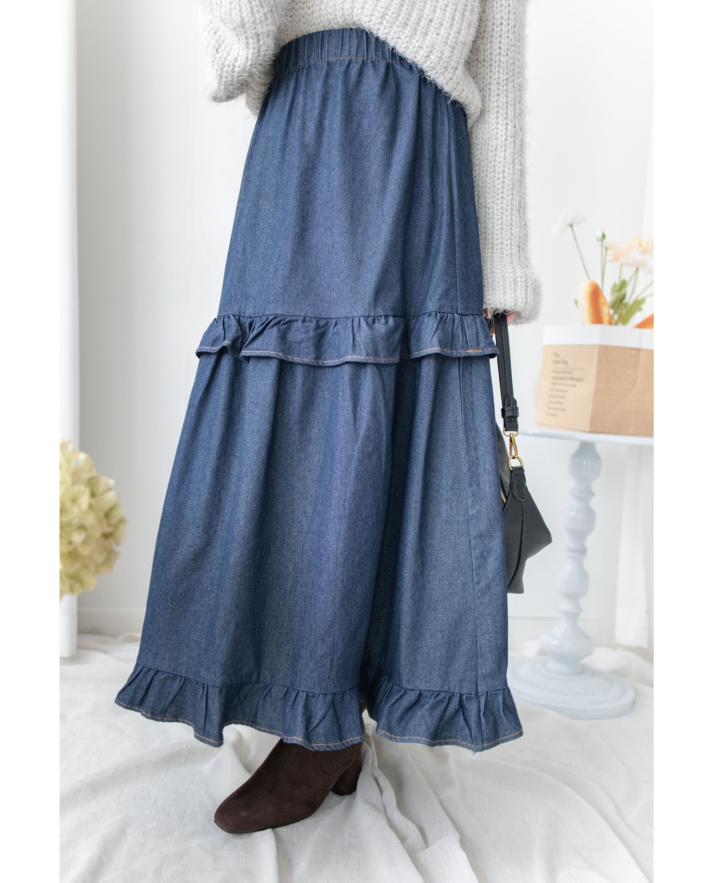 Denim Flair Skirt 荷葉邊拼接牛仔車線傘裙/ SK8928