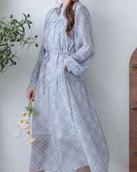 AliceBlue Check Dress 愛麗絲雪紡藍色菱格口袋連身裙/ DS1062 （pre-order 1月25日)