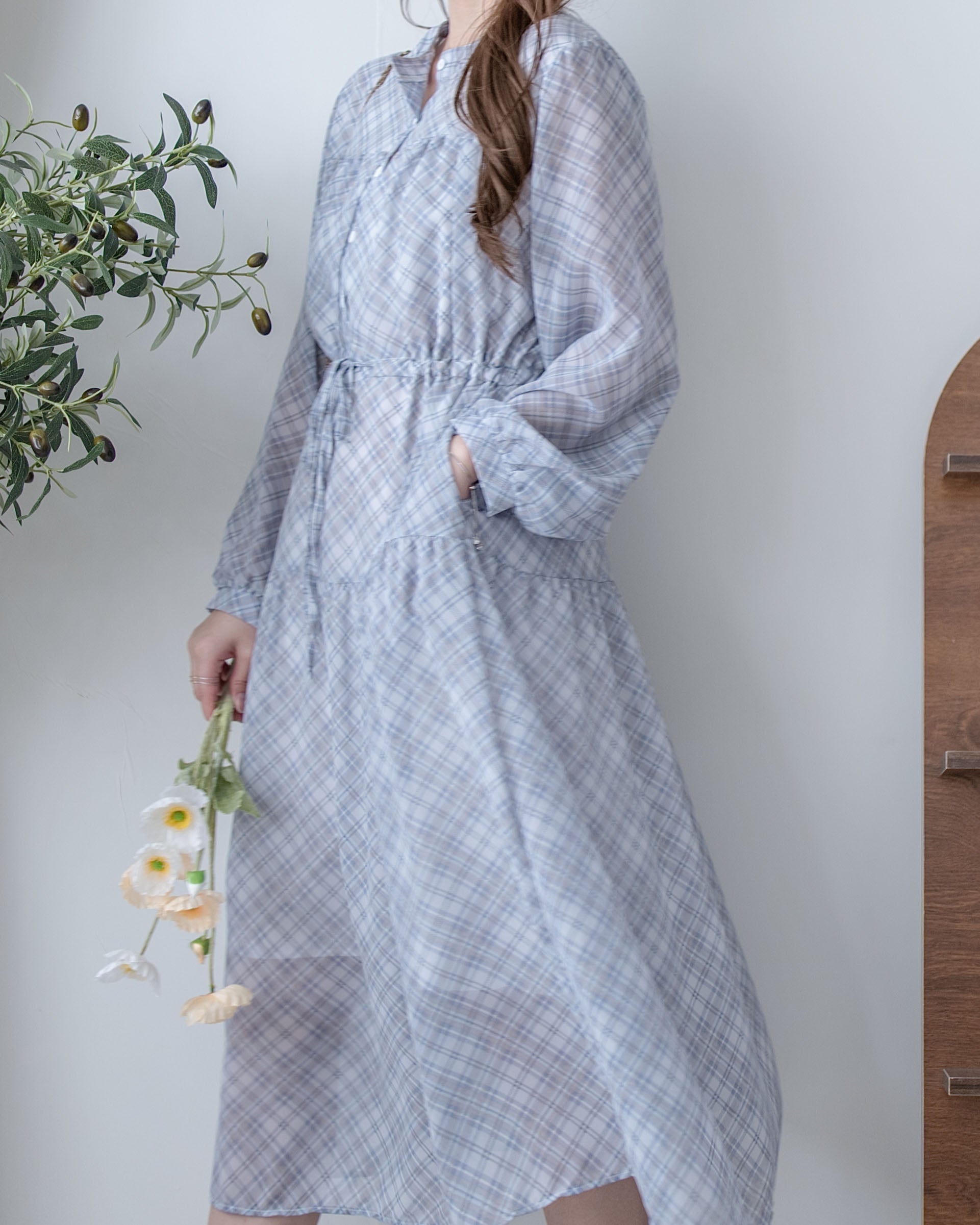AliceBlue Check Dress 愛麗絲雪紡藍色菱格口袋連身裙/ DS1062 （pre-order 1月25日)