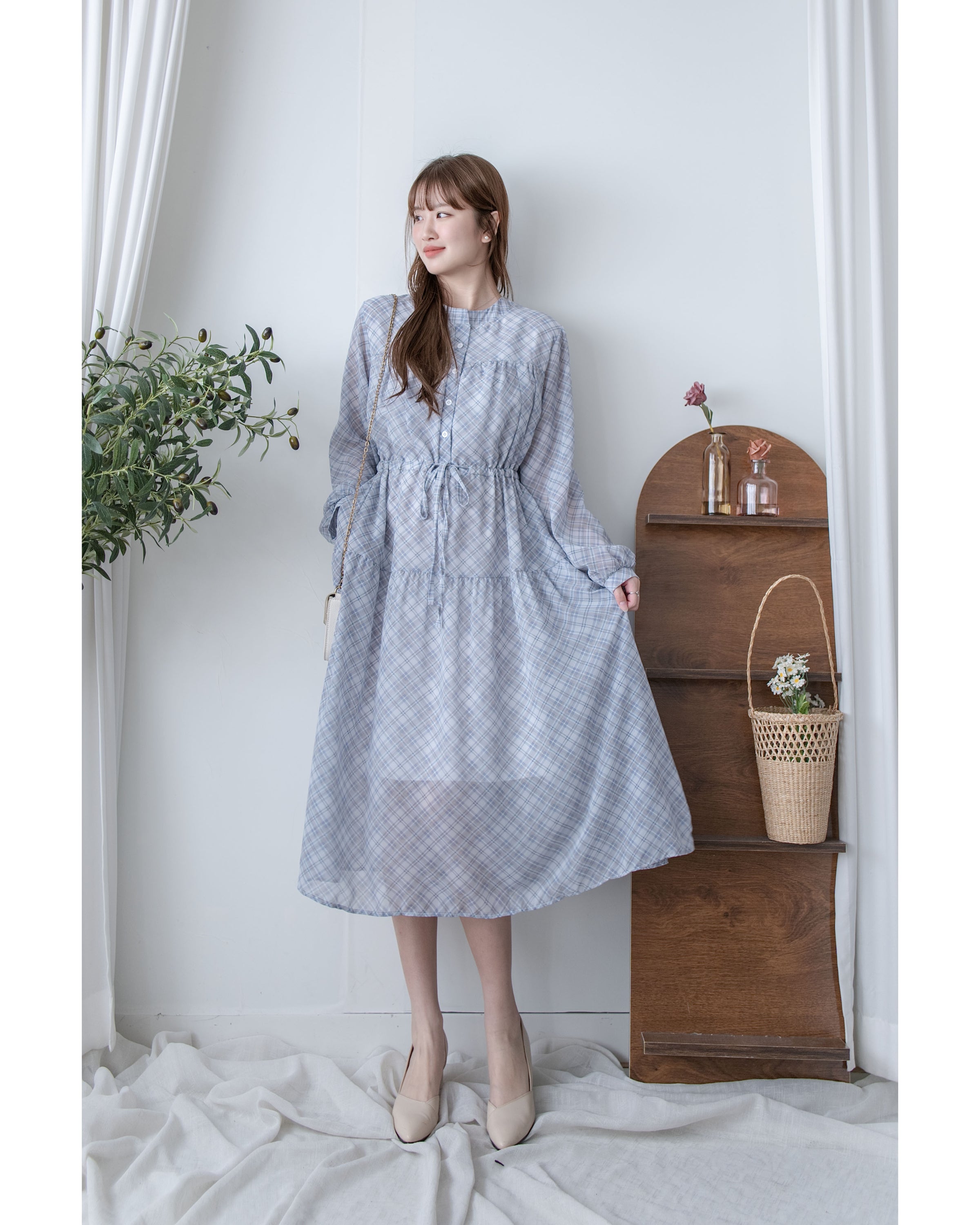 AliceBlue Check Dress 愛麗絲雪紡藍色菱格口袋連身裙/ DS1062 （pre-order 1月25日)