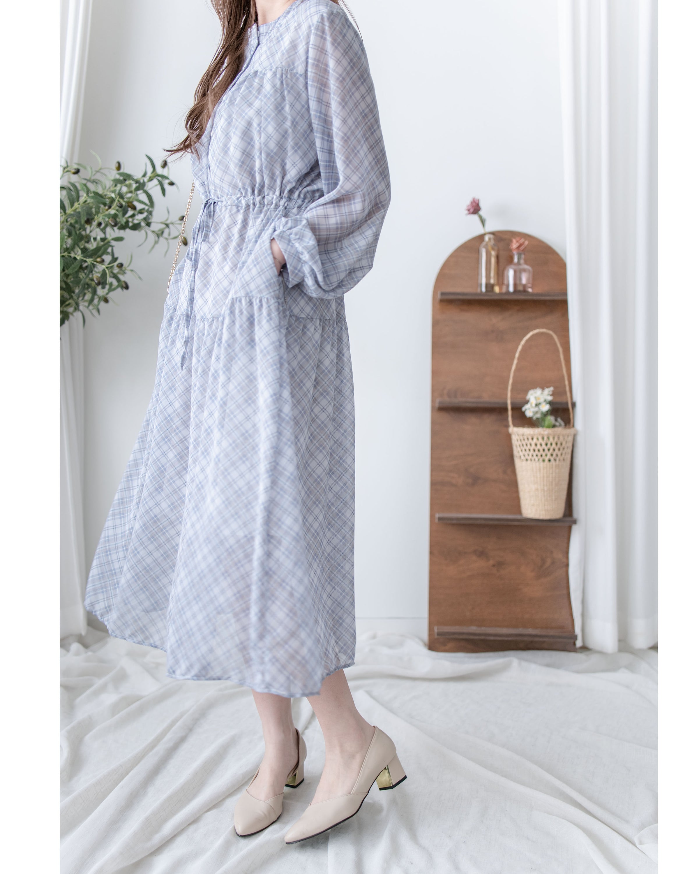 AliceBlue Check Dress 愛麗絲雪紡藍色菱格口袋連身裙/ DS1062 （pre-order 1月25日)