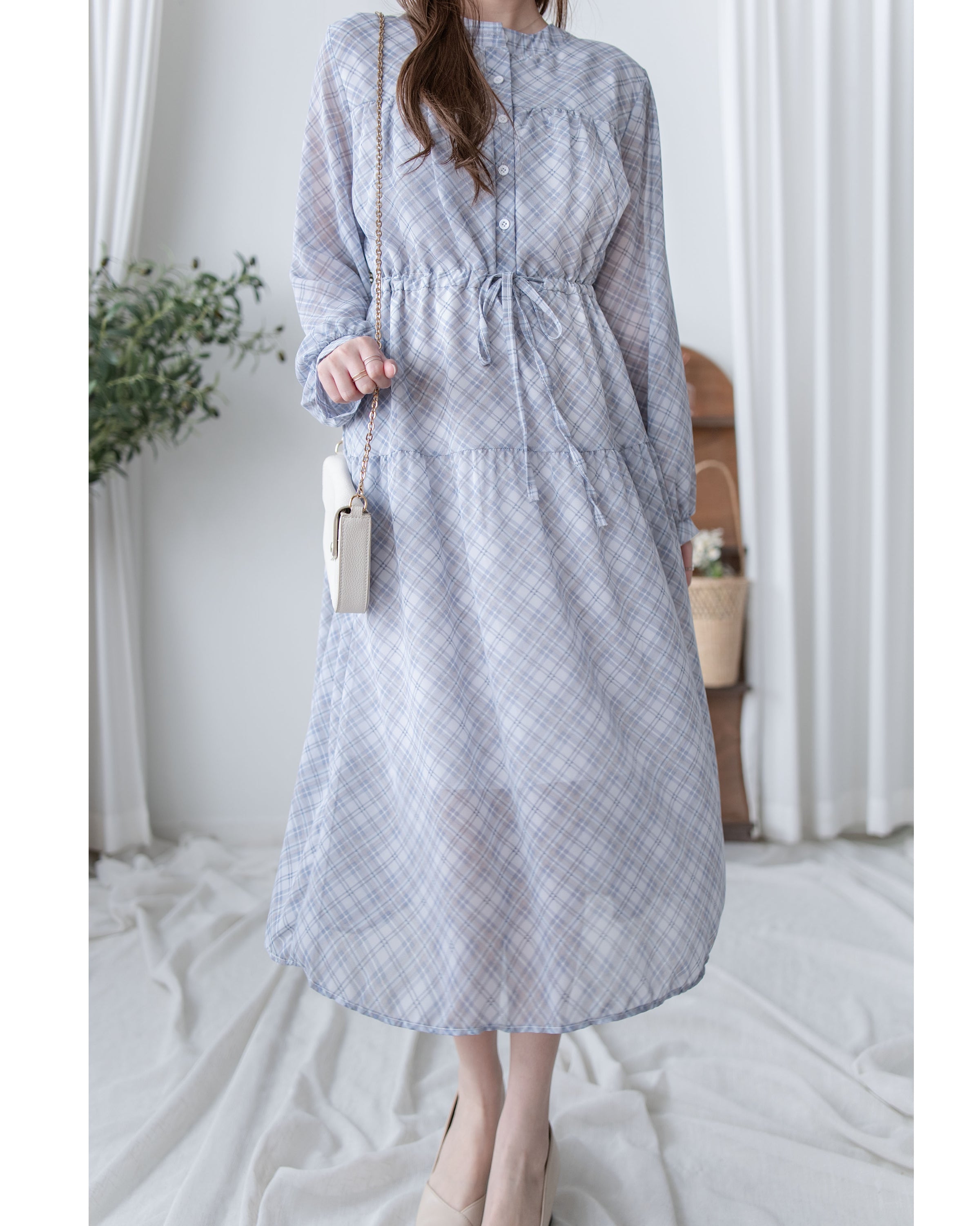 AliceBlue Check Dress 愛麗絲雪紡藍色菱格口袋連身裙/ DS1062 （pre-order 1月25日)