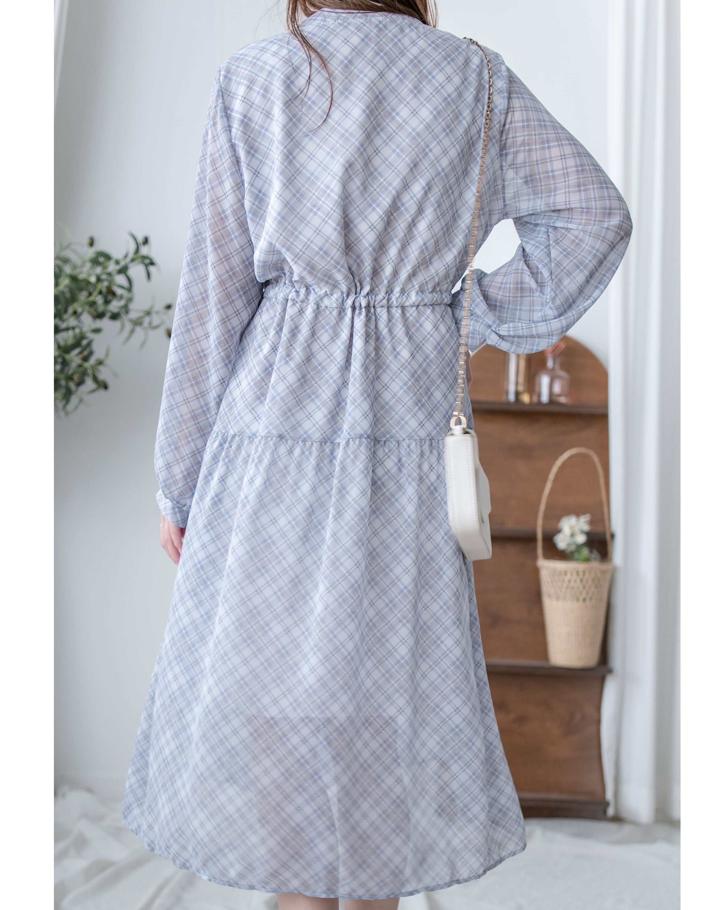 AliceBlue Check Dress 愛麗絲雪紡藍色菱格口袋連身裙/ DS1062 （pre-order 1月25日)