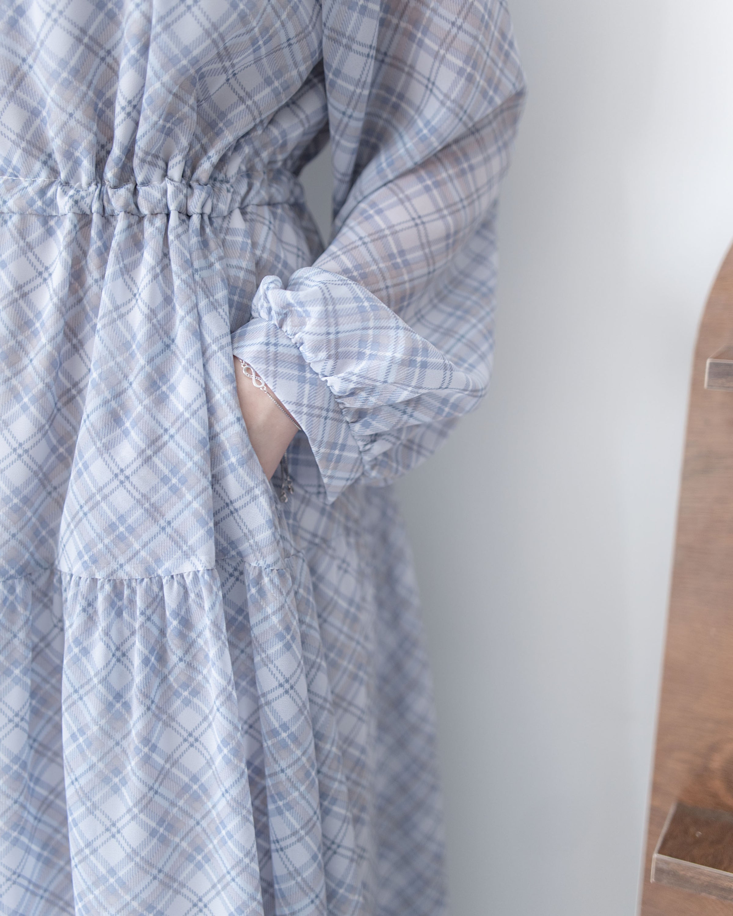 AliceBlue Check Dress 愛麗絲雪紡藍色菱格口袋連身裙/ DS1062 （pre-order 1月25日)