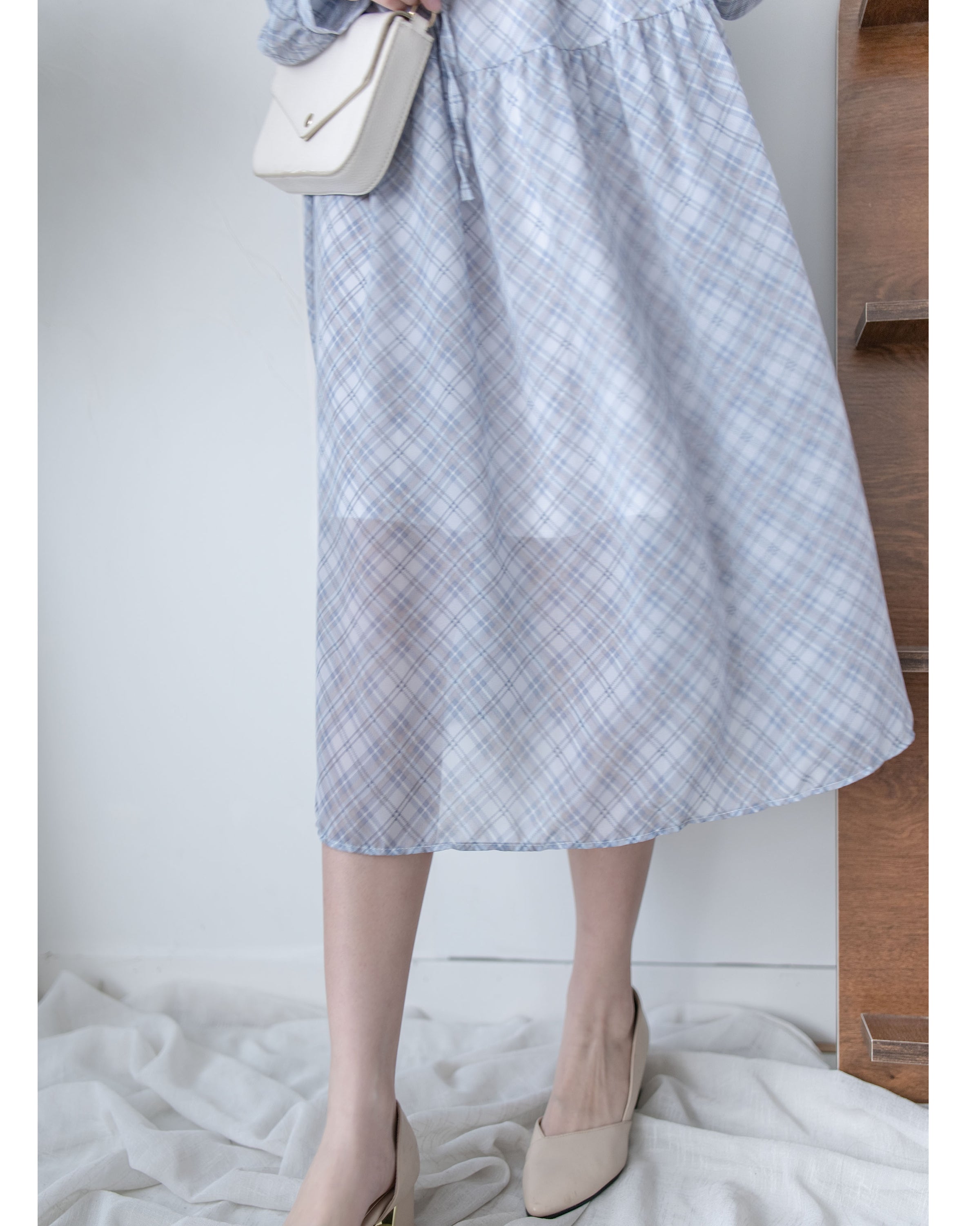 AliceBlue Check Dress 愛麗絲雪紡藍色菱格口袋連身裙/ DS1062 （pre-order 1月25日)