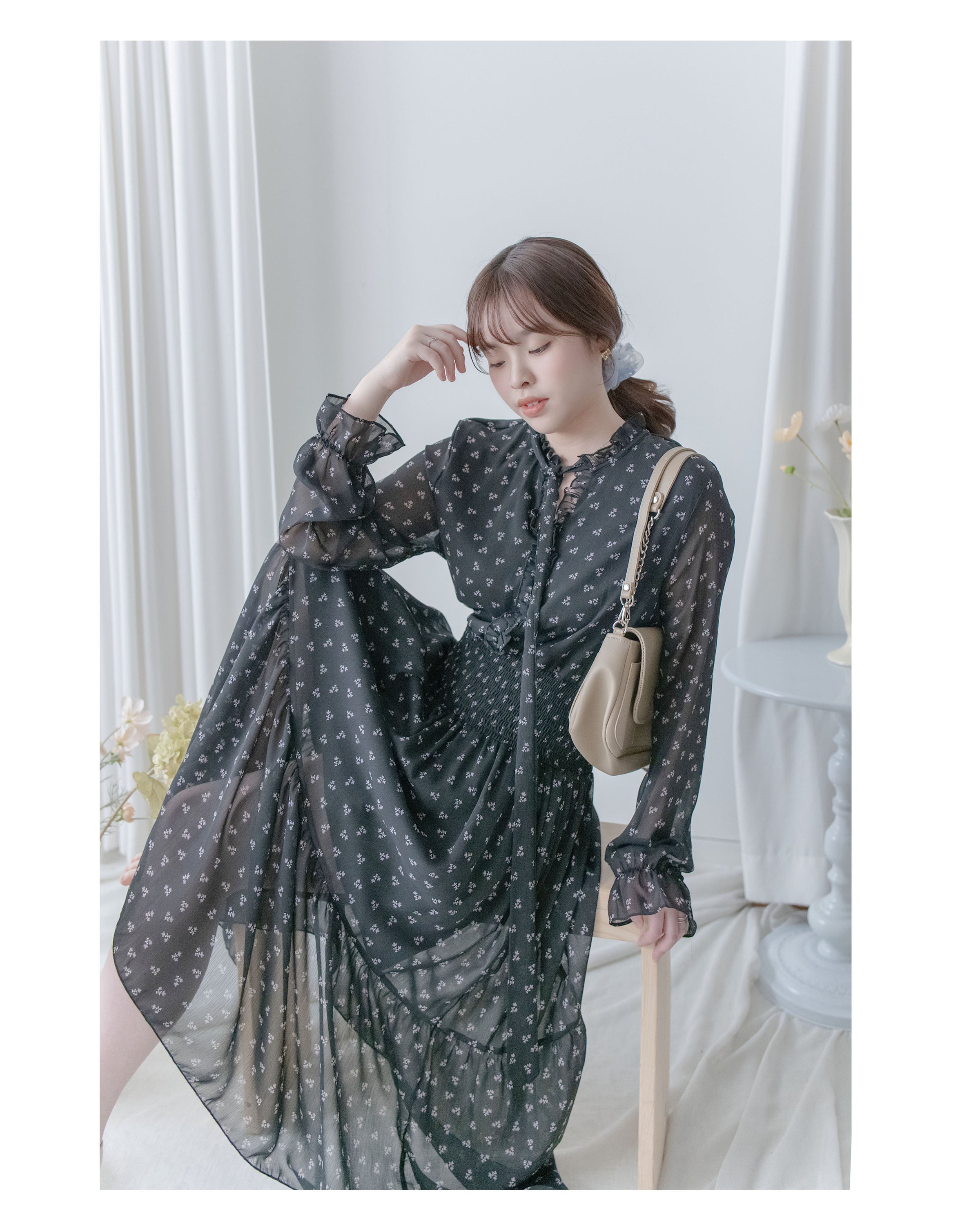 Star Floral Dress 雪紡星花木耳邊修腰連身裙/ DS1064 (Pre-order 2月5日截單)