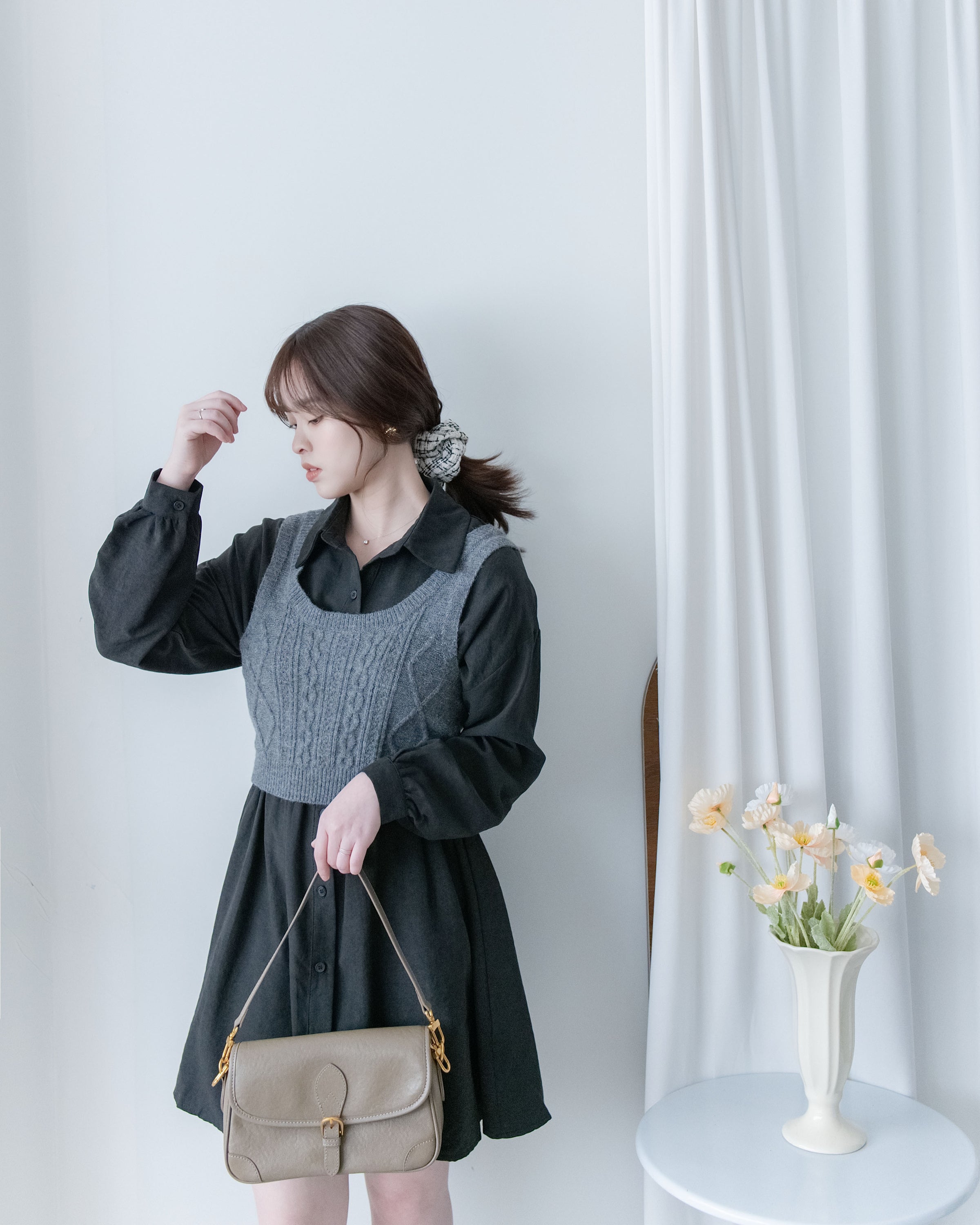 Cable Knit Vest Set 麻花針織背心收腰襯衫裙套裝 / SE8104